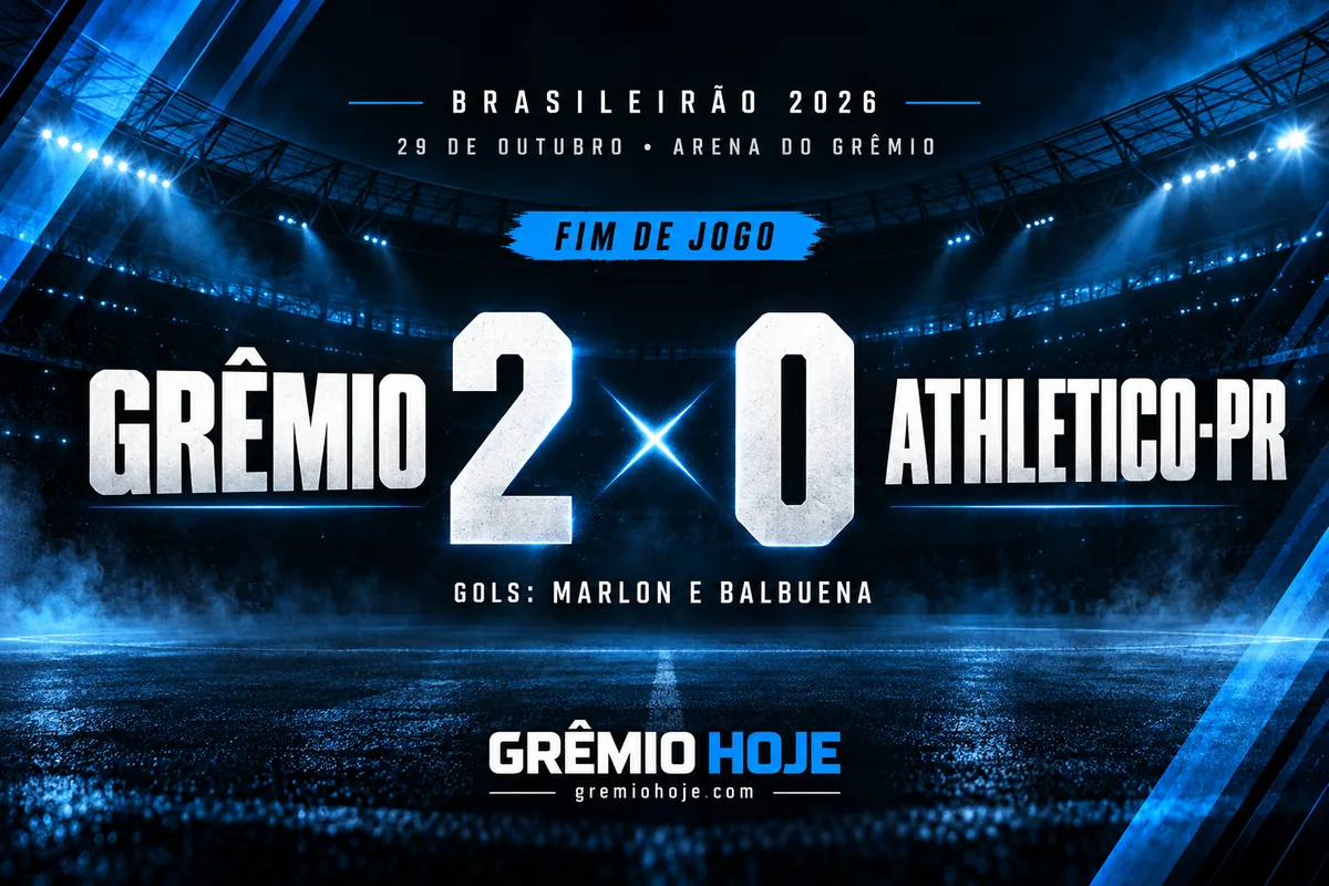 Arte com o placar Grêmio 2 a 0 Athletico-PR, em 29 de outubro de 2026, e gols de Marlon e Balbuena.