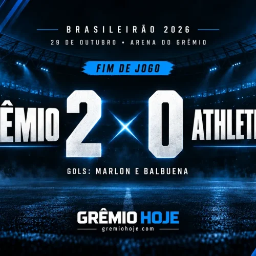 Arte com o placar Grêmio 2 a 0 Athletico-PR, em 29 de outubro de 2026, e gols de Marlon e Balbuena.